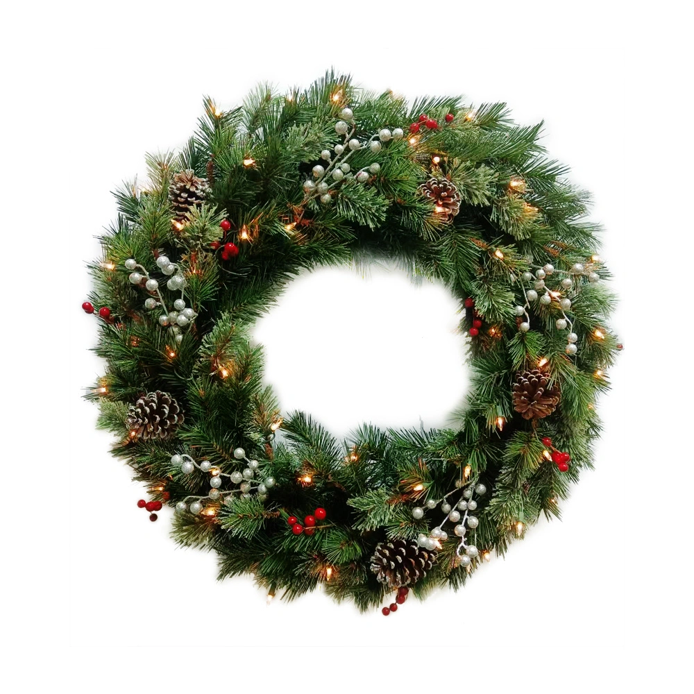 30′′ Artificial Pre-Lit Bristle Christmas Wreath for Outside Home Decoration